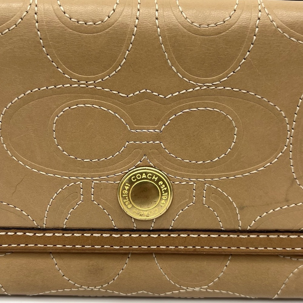 Coach Signature Logo Embossed Leather Tri Fold Stitched Wallet License Window - Picture 7 of 16